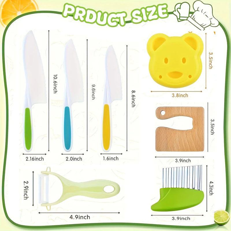 7PCS Kids Cooking Cutter Knife Set Toddler Kitchen Tool Wooden Cutter Plastic Fruits Peeler Cutter Toddler Kitchen Supplies