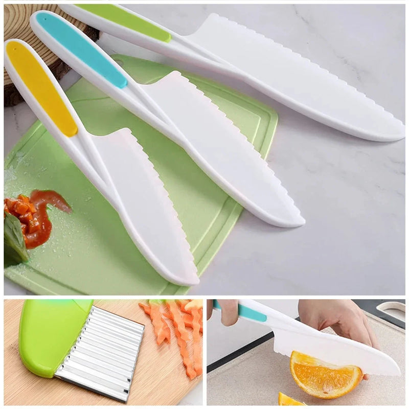 7PCS Kids Cooking Cutter Knife Set Toddler Kitchen Tool Wooden Cutter Plastic Fruits Peeler Cutter Toddler Kitchen Supplies