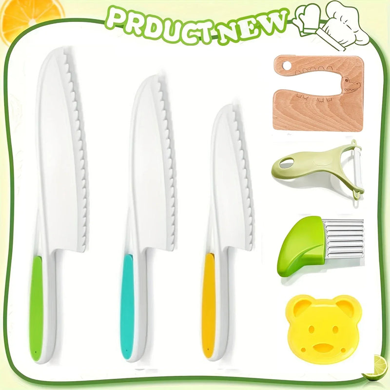 7PCS Kids Cooking Cutter Knife Set Toddler Kitchen Tool Wooden Cutter Plastic Fruits Peeler Cutter Toddler Kitchen Supplies