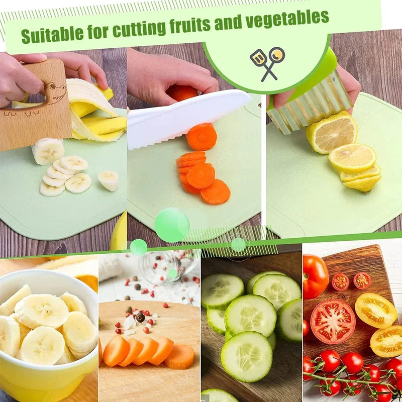 7PCS Kids Cooking Cutter Knife Set Toddler Kitchen Tool Wooden Cutter Plastic Fruits Peeler Cutter Toddler Kitchen Supplies