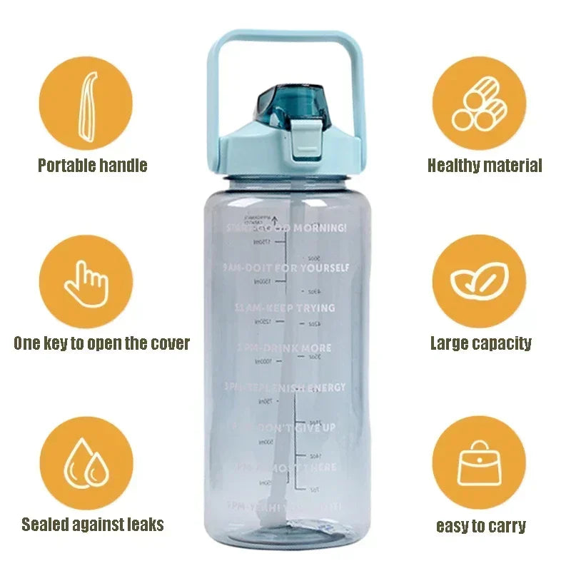 Large Capacity Plastic Straw Portable Sports Straw Water Bottle With Time Marker 2L Large Capacity Cup，Water Jug With Handle